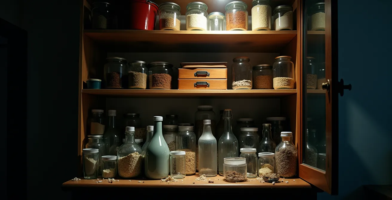 Axe Symbolique & Métaphorique : Placard rempli de contenants réutilisables inutilisés, métaphore de l'effet rebond