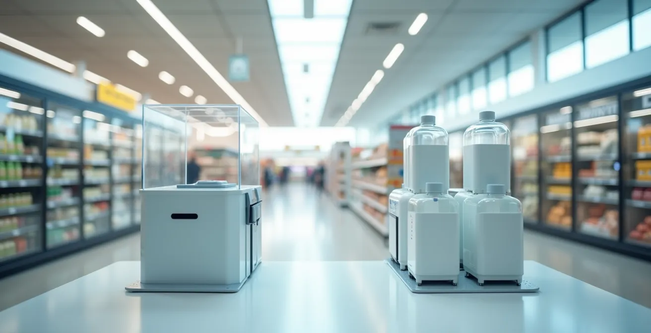 Axe Environnemental & Minimaliste : Station de retour de contenants consignés dans un supermarché moderne